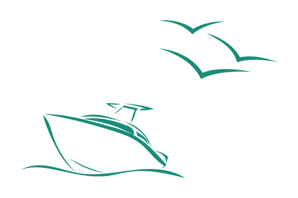 båt och fiskmåsar, teckning